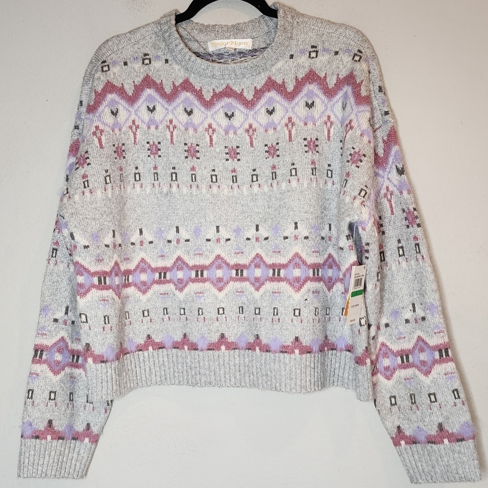 NWT Sugar Moon Juniors' NYC Alliance Fair Isle Sweater Grey Pink‎ Purple Large